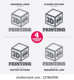 3D Print sign icon. 3d cube Printing symbol. Additive manufacturing. Diagonal and horizontal lines, classic outline, dotted texture. Pattern design icons.  Vector