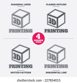 3D Print sign icon. 3d cube Printing symbol. Additive manufacturing. Diagonal and horizontal lines, classic outline, dotted texture. Pattern design icons.  Vector
