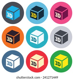 3D Print sign icon. 3d cube Printing symbol. Additive manufacturing. Colored round buttons. Flat design circle icons set. Vector