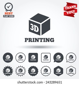 3D Print sign icon. 3d cube Printing symbol. Additive manufacturing. Circle, star, speech bubble and square buttons. Award medal with check mark. Thank you ribbon. Vector