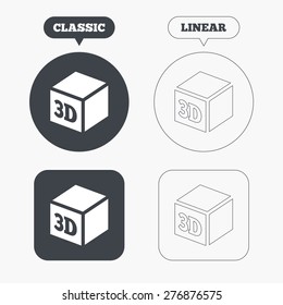 3D Print sign icon. 3d cube Printing symbol. Additive manufacturing. Classic and line web buttons. Circles and squares. Vector