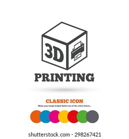 3D Print sign icon. 3d cube Printing symbol. Additive manufacturing. Classic flat icon. Colored circles. Vector