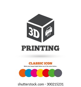3D Print sign icon. 3d cube Printing symbol. Additive manufacturing. Classic flat icon. Colored circles. Vector
