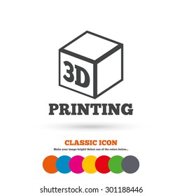 3D Print sign icon. 3d cube Printing symbol. Additive manufacturing. Classic flat icon. Colored circles. Vector