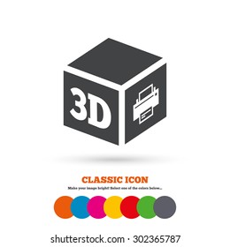 3D Print sign icon. 3d cube Printing symbol. Additive manufacturing. Classic flat icon. Colored circles. Vector