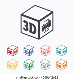 3D Print sign icon. 3d cube Printing symbol. Additive manufacturing. Colored flat icons on white background.