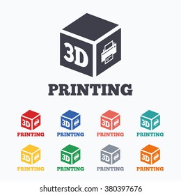 3D Print sign icon. 3d cube Printing symbol. Additive manufacturing. Colored flat icons on white background.
