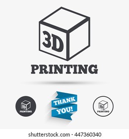 3D Print sign icon. 3d cube Printing symbol. Additive manufacturing. Flat icons. Buttons with icons. Thank you ribbon. Vector