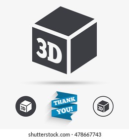 3D Print sign icon. 3d cube Printing symbol. Additive manufacturing. Flat icons. Buttons with icons. Thank you ribbon. Vector