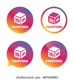 3D Print sign icon. 3d cube Printing symbol. Additive manufacturing. Gradient buttons with flat icon. Speech bubble sign. Vector