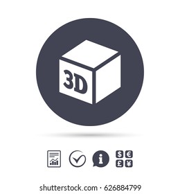 3D Print sign icon. 3d cube Printing symbol. Additive manufacturing. Report document, information and check tick icons. Currency exchange. Vector