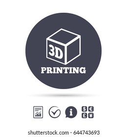 3D Print sign icon. 3d cube Printing symbol. Additive manufacturing. Report document, information and check tick icons. Currency exchange. Vector