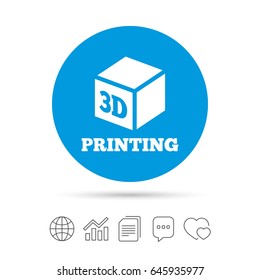 3D Print sign icon. 3d cube Printing symbol. Additive manufacturing. Copy files, chat speech bubble and chart web icons. Vector