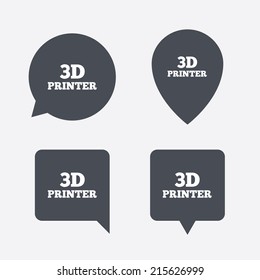 3D Print sign icon. 3d Printing symbol. Additive manufacturing. Map pointers information buttons. Speech bubbles with icons. Vector