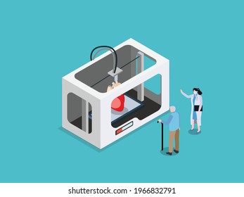 3D print vector concept. Female doctor creating artificial heart by 3d printer for old patient while standing in the hospital