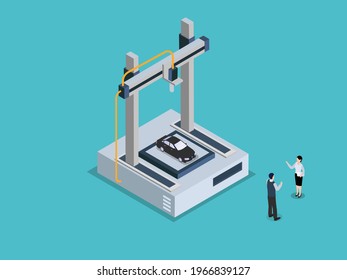 3D print vector concept. Two business people creating car by 3d printer while standing together