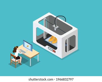 3D print vector concept. Young businesswoman using a computer to creating high heels by 3d printer