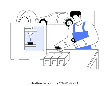 3D printed automotive parts abstract concept vector illustration. Professional engineer holding automotive details, 3D printing industry, IT technology, car manufacturing abstract metaphor.