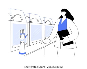 3D printed bionic hand abstract concept vector illustration. Woman stands near bionic hands, modern IT technology, 3D printing, prosthetics industry, robotic innovation abstract metaphor.