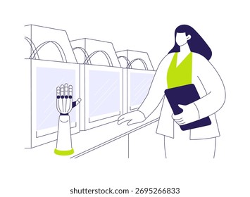 Ilustração vetorial de conceito abstrato de mão biônica impressa em 3D. A mulher se posiciona perto de mãos biônicas, tecnologia de TI moderna, impressão 3D, indústria de próteses, metáforas abstratas de inovação robótica.