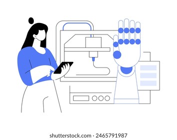 3D printed bionic hand isolated cartoon vector illustrations. Woman stands near bionic hand prothesis, modern technology, 3D printing, prosthetics industry, robotic innovation vector cartoon.