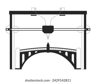3D printed bridge black and white cartoon flat illustration. Advanced digital modeling footbridge 2D lineart object isolated. Prototyping urban infrastructure monochrome scene vector outline image