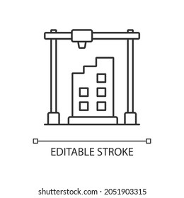 3d printed building design linear icon. Architectural 3d model. Housing development. Thin line customizable illustration. Contour symbol. Vector isolated outline drawing. Editable stroke