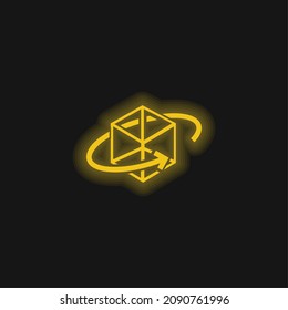 3d Printed Cube With Circular Arrow Around yellow glowing neon icon