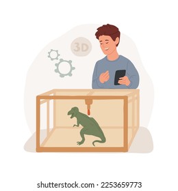 3D printed dino model isolated cartoon vector illustration. Middle school child creating 3D printed dino model using gadget, people lifestyle and hobby, hands-on activity vector cartoon.