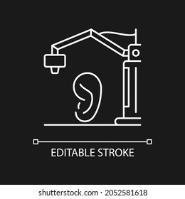 3d printed ear white linear icon for dark theme. Produce artificial human ear. Bioprinting method. Thin line customizable illustration. Isolated vector contour symbol for night mode. Editable stroke