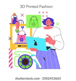 3D Printed Fashion concept. Illustration of innovative technology in clothing industry with woman creating a fashion accessory using 3D printing. Modern design production. Vector illustration.