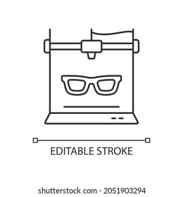 3d printed glasses linear icon. Innovation in eyewear industry. Custom-made accessory. Thin line customizable illustration. Contour symbol. Vector isolated outline drawing. Editable stroke