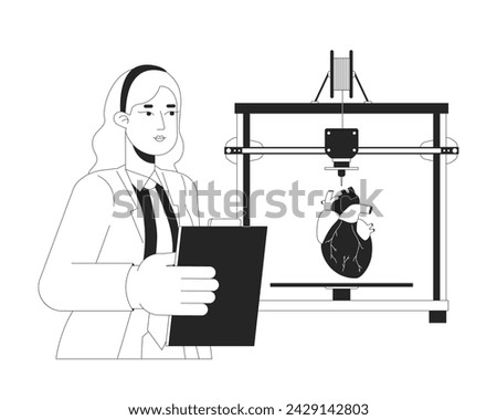3d printed heart replica black and white cartoon flat illustration. 3d printer medical bioengineer 2D lineart character isolated. Medicine technology. Prototyping monochrome scene vector outline image