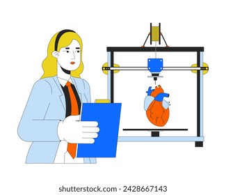 3d printed heart replica line cartoon flat illustration. 3d printer medical bioengineer 2D lineart character isolated on white background. Medicine technology. Rapid prototype scene vector color image