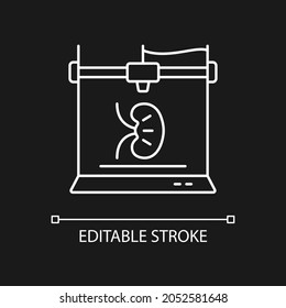 3d printed kidney white linear icon for dark theme. Transplantable artificial kidney. Thin line customizable illustration. Isolated vector contour symbol for night mode. Editable stroke
