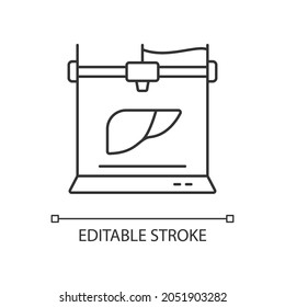 3d printed liver linear icon. Creating artificial organ. Innovation in biomedical field. Thin line customizable illustration. Contour symbol. Vector isolated outline drawing. Editable stroke