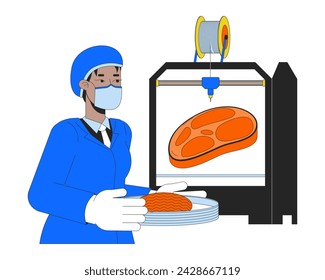 Ilustración plana de dibujos animados de línea de carne impresa en 3D. Impresora 3D de alimentos de laboratorio de investigación 2D lineart personaje aislado sobre fondo blanco. Tecnología avanzada. Imagen de color vectorial de escena de fabricación aditiva