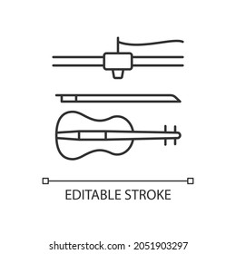 Lineares Symbol für 3D-gedruckte Musikinstrumente. Akustische Geige drucken. Herstellung von Zusatzstoffen. Dünne, anpassbare Illustration. Contour-Symbol. Vektor-einzelne Rahmenzeichnung. Bearbeitbarer Hub