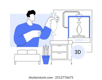 3D-gedruckte Objekte, einzelne Cartoon-Vektorgrafiken. Man bringt eine 3D-gedruckte Vase aus Wochenende Pop-up-Klasse zu Hause, additive Fertigung Objekt, Home Interior Kreationen Vektor Cartoon.