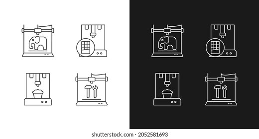 3d printed physical objects linear icons set for dark and light mode. Food products manufacturing. 3d toy models. Customizable thin line symbols. Isolated vector outline illustrations. Editable stroke