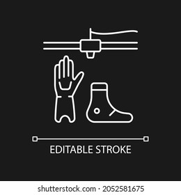 3d printed prosthetics white linear icon for dark theme. Fully customized design to wearer. Thin line customizable illustration. Isolated vector contour symbol for night mode. Editable stroke