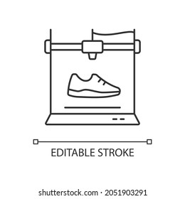 3d printed shoes linear icon. Fabricating lightweight footwear. New manufacturing process. Thin line customizable illustration. Contour symbol. Vector isolated outline drawing. Editable stroke