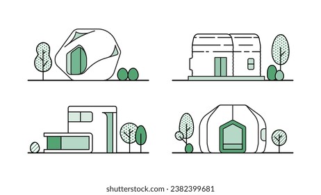 3D printed tiny houses illustrations set