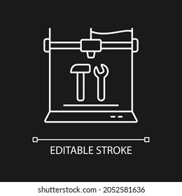 3d printed tools white linear icon for dark theme. Additive manufacturing technology. Thin line customizable illustration. Isolated vector contour symbol for night mode. Editable stroke