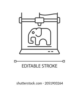 3d printed toys linear icon. Replacing missing toy parts. Creating 3d models for kids. Thin line customizable illustration. Contour symbol. Vector isolated outline drawing. Editable stroke