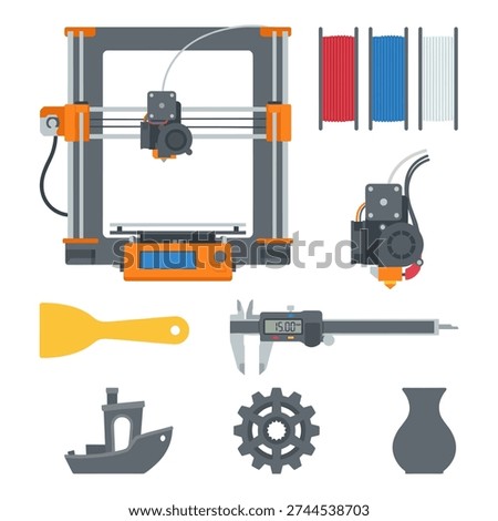 3d printer and accessories for additive manufacturing, including filament, caliper, spatula, and printed objects.