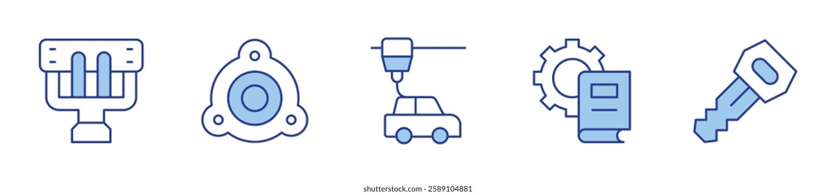 3d printer, book, car key, manifold, strut mounting. Engineering Icon vector illustration. Line Duotone style. Editable stroke.