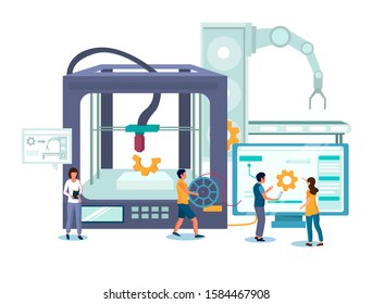 3D Printer Building Object From Digital Computer Model, Vector Illustration. Additive Manufacturing Technology Concept For Web Banner, Website Page Etc.