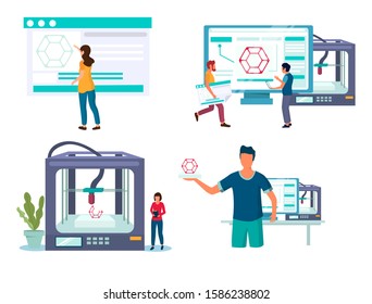 3d Printer With Characters Composition Set, Vector Illustration Isolated On White Background. Rapid Prototyping 3d Printing Technology, Additive Manufacturing Concept For Web Banner, Website Page Etc.