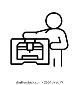 3D printer and child black line icon. Vector isolated element. Editable stroke.